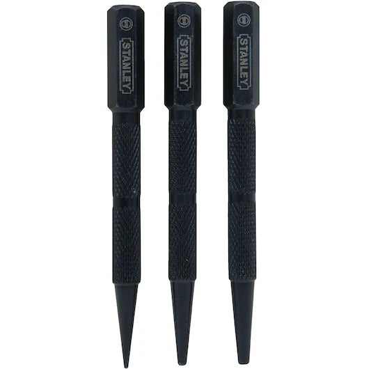 Three black STANLEY® NAIL PUNCHES, made from hardened steel with textured grips, are arranged vertically side by side tips down on a white background—an essential addition to your woodworking tools.